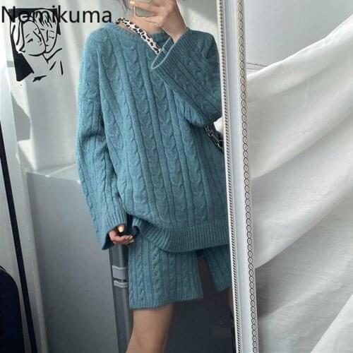 Nomikuma Knitted Two Pieces Sets Causal Twisted Long Sleeve O-neck Pullover Sweater + Stretch Waist Shorts Women Outfits 6C192