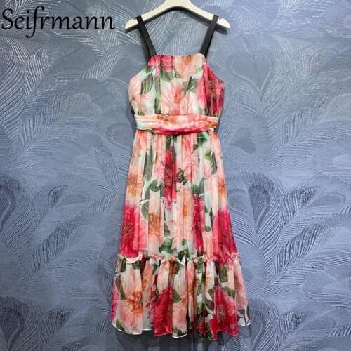 Seifrmann New 2021 Summer Women Fashion Runway Holiday Midi Dress Sexy Spaghetti Strap High Waist Floral Printed A-Line Dresses