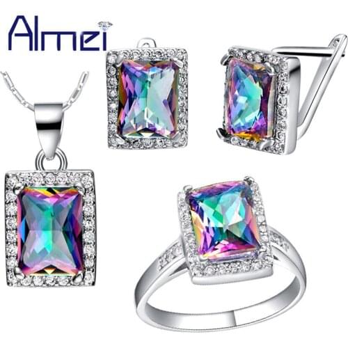 Almei Dubai Luxury Zirconia Rainbow Bridal Necklace and Earring Ring Sets Costume Jewelry Set Women With Blue Pink Stone T483