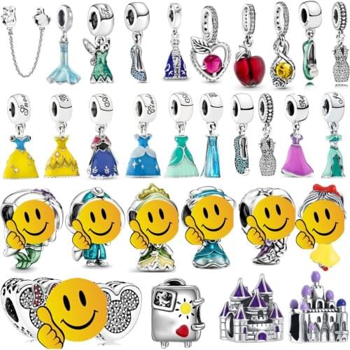 New 925 Sterling Silver Mermaid Princess Dress crystal shoes Castle Apple Charms Bead fit Original Pandora Bracelets & Necklaces