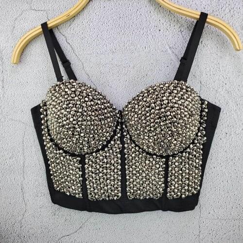 Cupnaya Women Rhinestones Crop Top Spaghatti Strap Bustier Sexy Ladies Inside Corset Bralette Tanks Vest Punk Clubwear Black