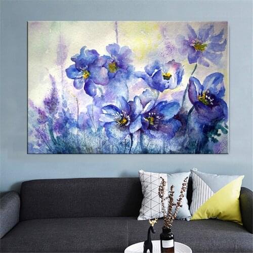 Modern Minimalist Blue Flowers Canvas Painting Posters Print Purple Flowers Wall Art Pictures For Living Room Home Decoration