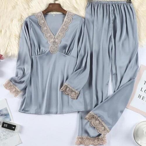 Lace Trim Pajamas Set Women 2PCS Sleepwear Pyjamas Spring Summer Pijamas Suit Casual Loose Sleep Set V-Neck Satin Home Clothing