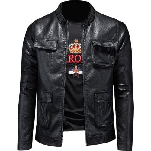 2020 fashion leather jacket men spring autumn retro motorcycle brown jacket slim fit stand-up collar clothing