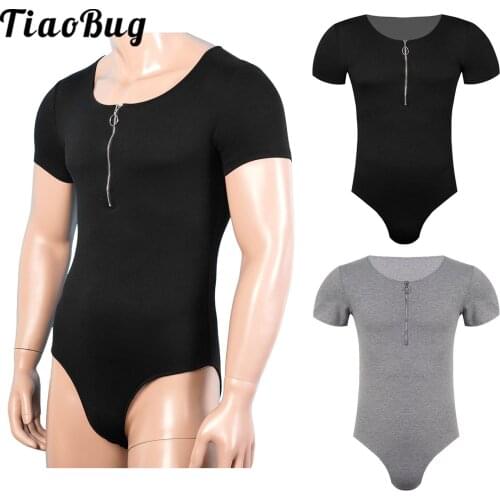 Mens Short Sleeve One-Piece Dance Leotard Bodysuit Romper Snappies Button Down