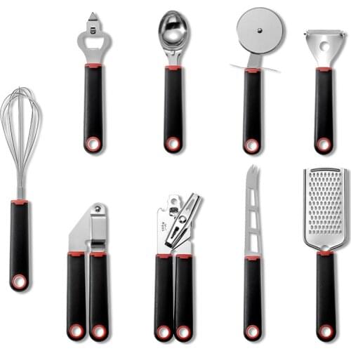 9pc Plastic Handle Kitchen Accessories Stainless Steel Gadget Sets Ice Scream Scoop Fruit Peeler Grater Garlic Press Kitchenware