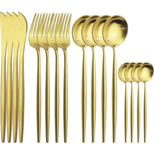 Western 16Pcs Gold Cutlery Set Knife Fork Spoon Tableware Set 18/10 Stainless Steel Dinnerware Set Kitchen Dinner Silverware Set