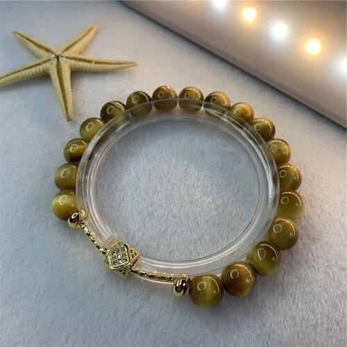 New 8mm High Quality Natural Yellow Tiger Eye Stone Round Bead Bracelet Girl Gift Zinc Alloy Accessories Chain 7.5inch Y884