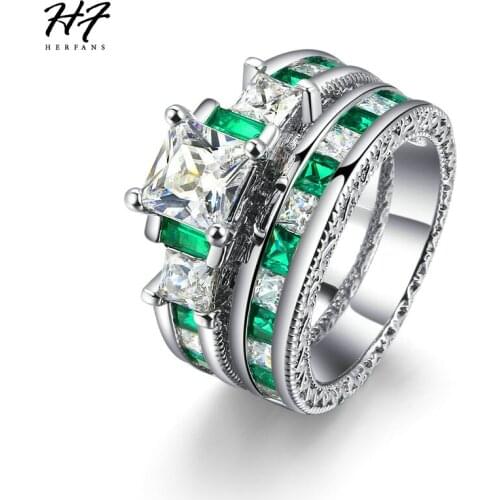 HERFANS New Luxury Fashion Silver Color 2 Pieces Ring Sets Square Green Cubic Zirconia Engagement Rings For Women HotSale R607