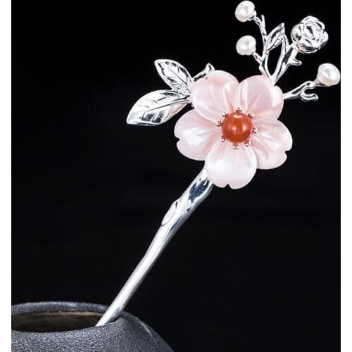 Peach Blossom Flower 925 Sterling Silver Hair Stick With Natural Stone Pearl Red Agate Purple Shell Chinese Hanfu Hair Jewelry
