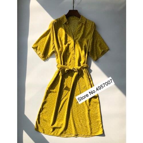 Elfbop 100% Viscose 2020 New Short Sleeve Dots Print Dress With Bow Waist Ties