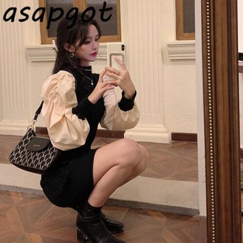 Chic Korean Half Turtleneck Lantern Sleeve Dress Women Short Casual Retro Slim Waist Patchwork Knitted Dress Vestido Mujer