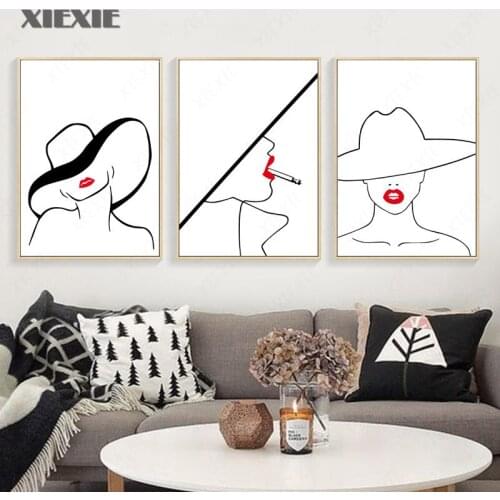 Sexy Fashion Lady Figure Poster Home Decor Nordic Canvas Painting Line Red Lips Abstract Print Wall Art Picture for Room Decor