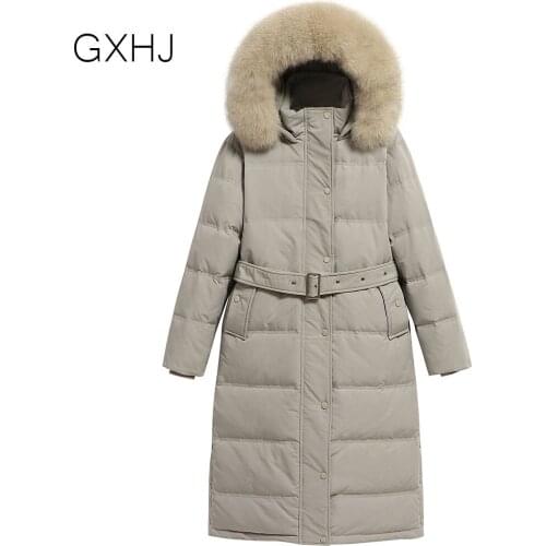 GXHJ пуховик женский 2021 зима Women Down coat Winter Long Warm All-match Tops Female New Down jacket Hooded fur with belt