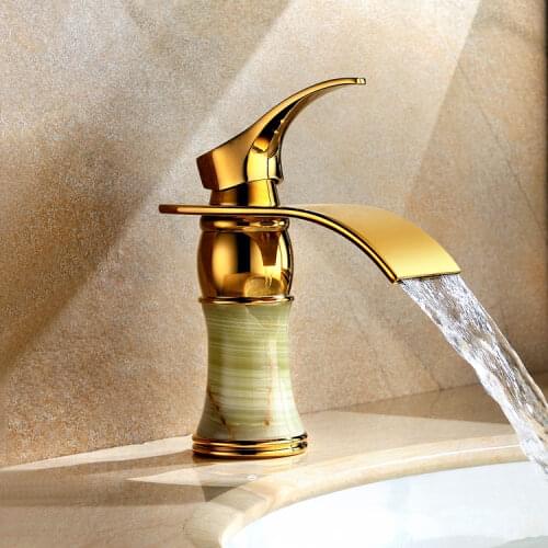 Luxury brass jade gold finished bathroom sink waterfall faucet golden basin Hot and cold water mixer tap faucet--2254