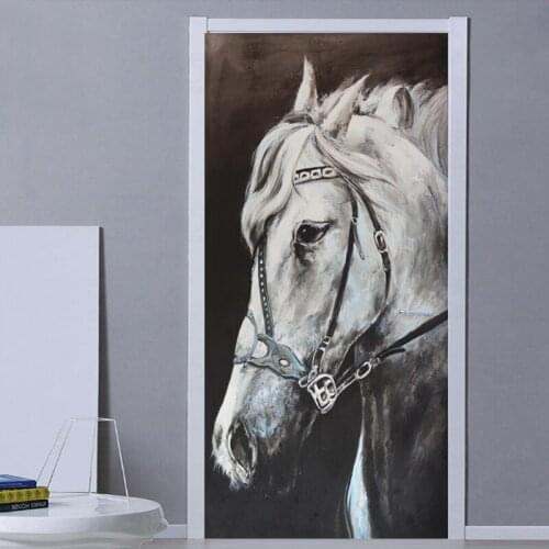 Self-Adhesive Door Sticker Modern 3D Hand Painted White Horse Oil Painting Photo Wallpaper Living Room Bedroom Door Decal Poster