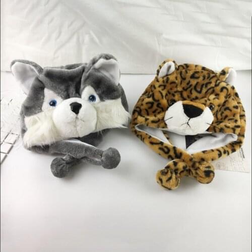 1PC Cartoon Animal Style Wolf Hat Cute Fluffy Kids Cap Soft Warm Scarf Earmuff Plush Hat Mascot Huskies Hat Toy