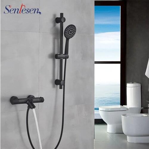 Senlesen Black Faucet Shower Bathroom Shower Tap Brass Wall Mount with ABS Hand Shower Set Single Handle