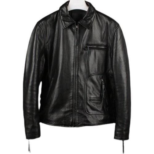 Special Offer！ Genuine Leather Jacket Mens Head Layer Cowhide Slim-Fit Lapel Leather Jacket Motorcycle Cowhide Coat Male