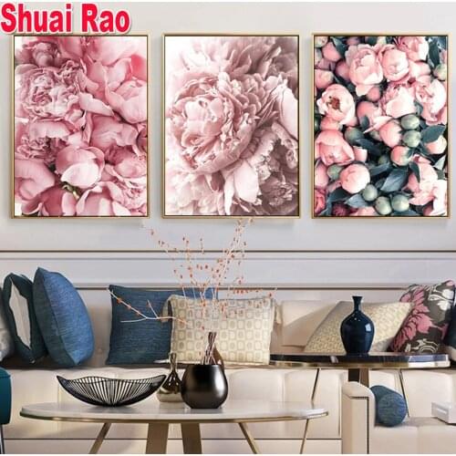 Triptych Diamond painting Pink Rose flower ,nordic Diamond embroidery Full Square Round set Cross stitch crystal Beads 3 piece