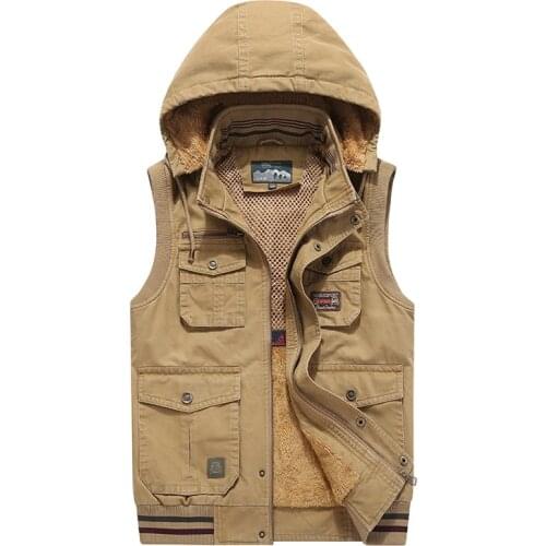 Thickened plus velvet hooded multi-pocket vest middle-aged and elderly winter vest large size cotton vest cotton vest
