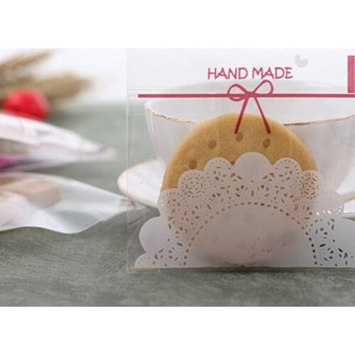 High Quality 100pcs/bag Cute Lace Bow Print Self-adhesive Gifts Bags for Wedding Party Cookie Packaging Biscuits Candy