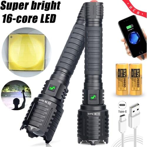 XHP160 Most Powerful Flashlight 16-core Light Brightest Lantern Zoomable 26650 Camping USB Rechargeable Tactical Hunting Torch