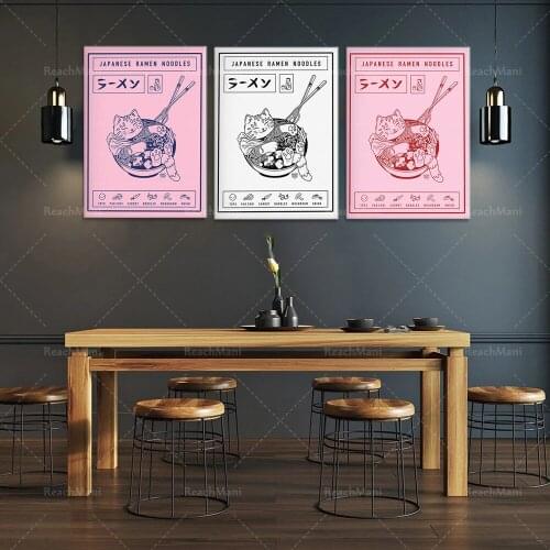 Japanese Ramen Cartoon Cat Animals Canvas Art Painting Kitchen Decoration Wall Picture Noodles Food Posters and Prints for Kids
