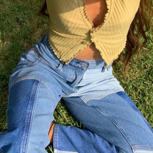 Women Irregularity Patchwork Jeans Sexy Fashion Vintage Y2K Denim Pants Spring Streetpants Female Fall Hip Hop Trousers P071