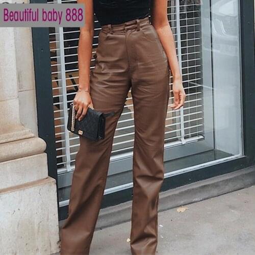 Meqeiss Women Faux Leather High Waist Straight Pants Fall Vintage Popular Streetwear Trousers 2021 Elegant Hin Thin Slacks Pants