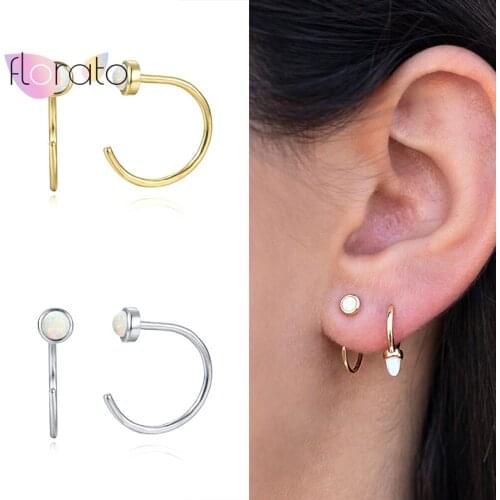 925 Sterling Silver Ear Needle C Shape Earring Round Opal Stud Earrings for Women Minimalist Jewelry Party Accessories