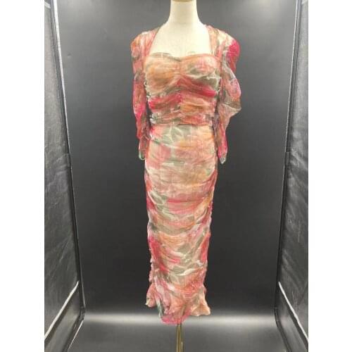 Dress Long Summer Women 2021 Camellia Floral Print Red Runway StrapLess Sicily Luxury High Quality Mesh Vintage Full Fashion