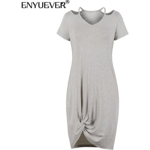 Enyuever Gray Women Casual Dress Summer Home Wear Short Sleeve Cold Shoulder Solid Basic Design Asymmetrical Hem Loose Dresses
