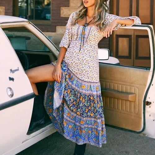 Happie Queens women floral print long sleeve beach loose sashes fold Bohemian maxi dress Ladies o-neck Boho sundress vestidos