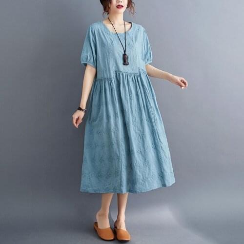 Oversized Women Cotton Linen Casual Dress New 2021 Summer Simple Style Embroidery Solid Color Loose Female Long Dresses S2960