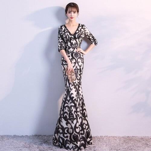BlackChinese Oriental V-Neck Mermaid Wedding Women Sexy Cheongsam Evening Dress Elegant Princess Dresses Modern Qipao