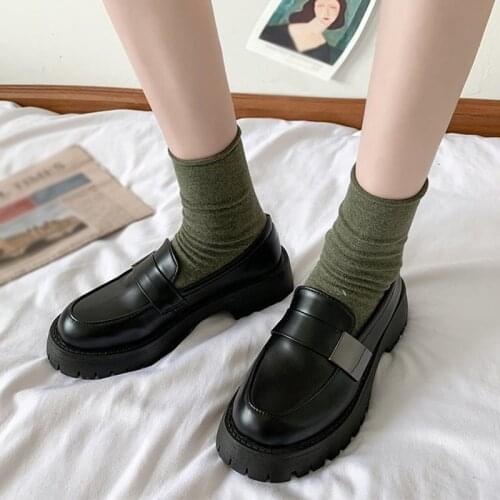 2021 New Women Loafers Soild Pu Leather Thick Platform Casual Shoes Women Slip On Flats Round Toe Shoes British Style Footwear