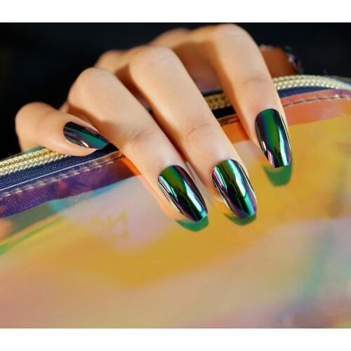 24pcs Discoloration Mirror False Nail Pieces Wear Nail Finished Full Cover Long Nail Tips Fingernail Decors Nail Art Salon