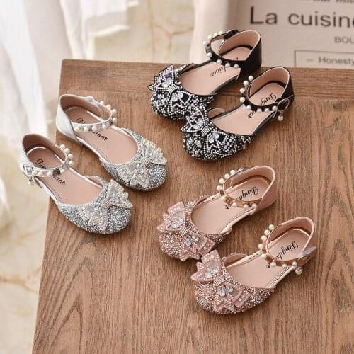 Children Fashion Sandals Bow Rhinestone Girls Princess Leather Shoes Kids Summer Elegant Party Dance Sandals