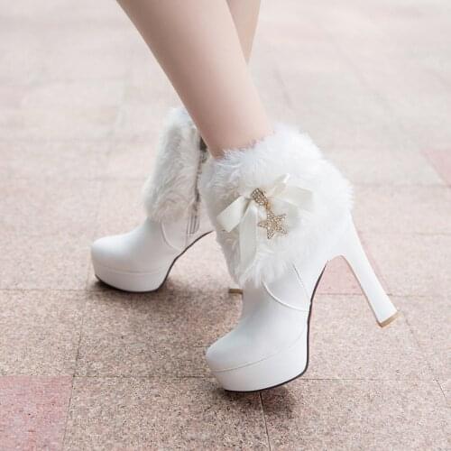 Elegant Rhinestone Knight Shoes Thick With High Heel Ankle Boots Plus Size 34-43 Fashion Platform Round Toe Booties Womens