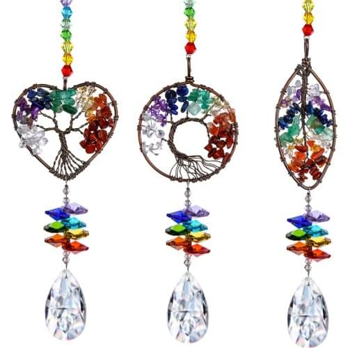 H&D Chakra Crystal Tree of Life Sun Catcher Rainbow Maker Drops Hang Decor for Window,Home, Car Charms,Gift Boxed,Pack 3pcs