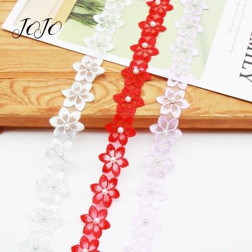 JOJO BOWS 30mm 1y Pearl Diamond Six Petal Flower Lace Ribbon For Craft Clothing Sewing Wedding Decoration Lace Applique Crafts