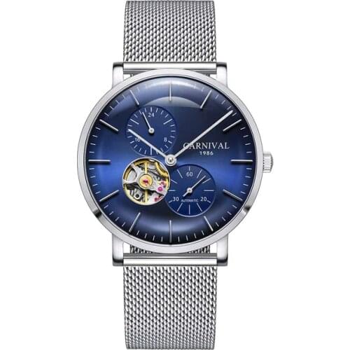 Carnival Mens Multifunction Holllow-out Dial Mesh Steel Watchband Waterproof Automatic Self-Wind Mechanical Watch Sapphire Glass