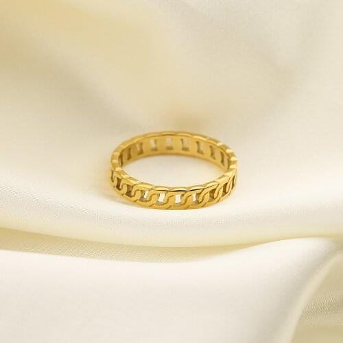 Punk Style Miami Cuban Chain Ring For Women Girls 18K Gold Plated Stainless Steel Everyday Ring Jewelry Gifts