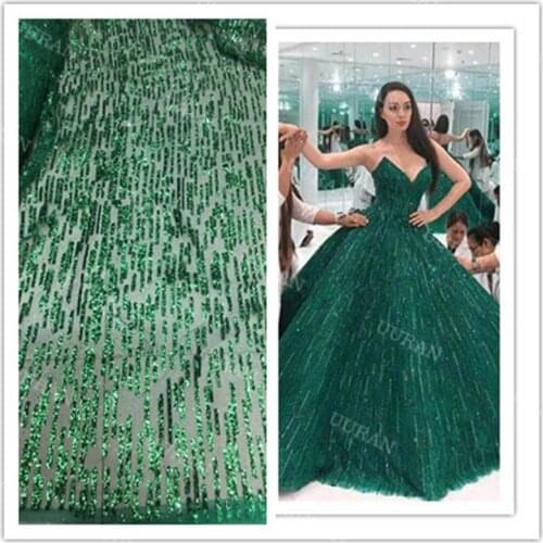 Nice Design Glued Glitter African Tulle Lace In Green Color French Net Lace Fabric for Party Dress Modern Design