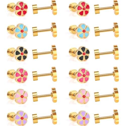 LUXUKISSKIDS 12Pairs/Lot Cute Flower Girl Kids 316L Stainless Steel Earrings Set Screw Earring For Women Earings Jewelry Brincos