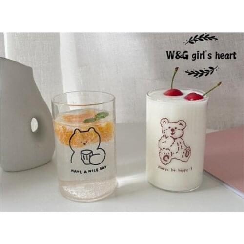 Lovely home dormitory commonly used girl heart heat-resistant milk cover cup breakfast transparent brown bear straw cup New
