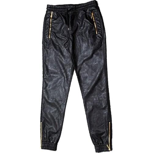 S~5XL Men black casual PU leather hip hop pants side zipper men punk hip hop dance trousers plus size street wear