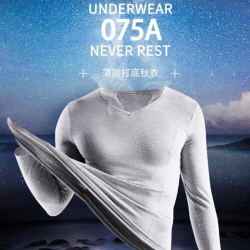 BOBTXS Cotton Mens Basic V Collar Warm Underwear Autumn Dress Slim Top Single Low Collar Bottom Shirt Thermal Underwear Men