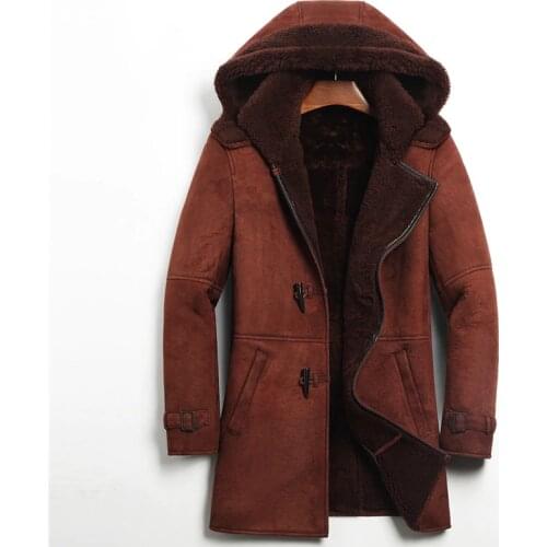 Mens Shearling Coat, Long Hooded Leather Jacket,Genuine Ox Horn Button Design
